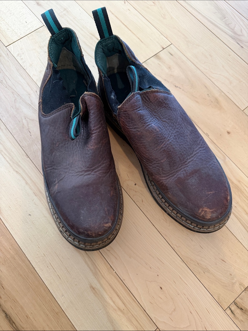 Georgia Boot Brown Leather Slip-On Loafers with Teal Accent